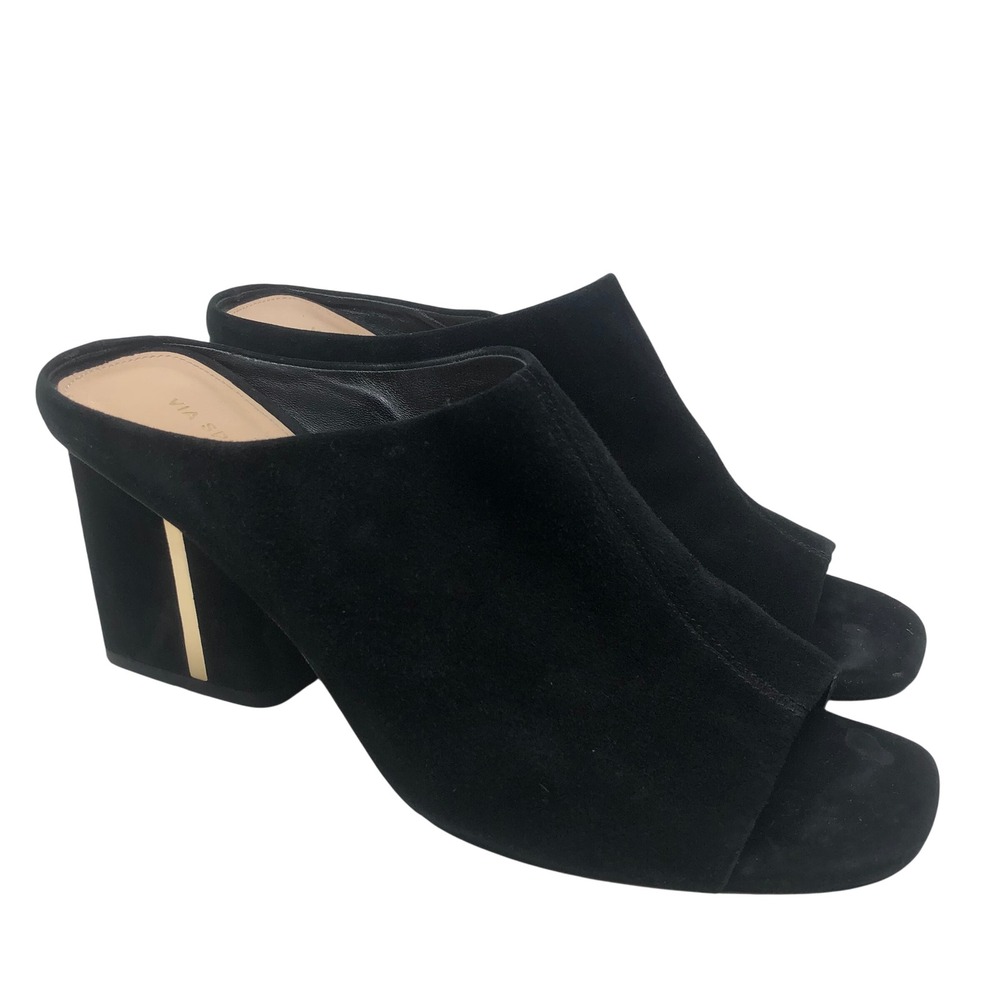 Via Spiga Mules Womens 9.5 Black Suede Gold Accent Block Heel Open Toe Slides